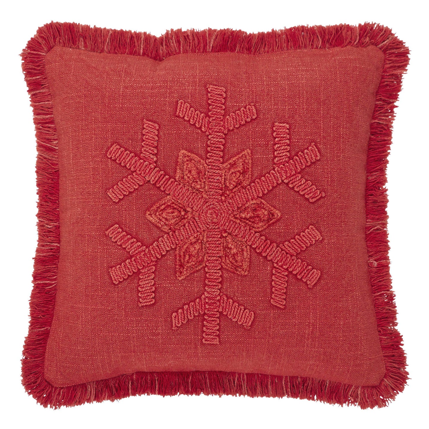 Red Snowflake Stone Washed Fringed Pillow 12x12