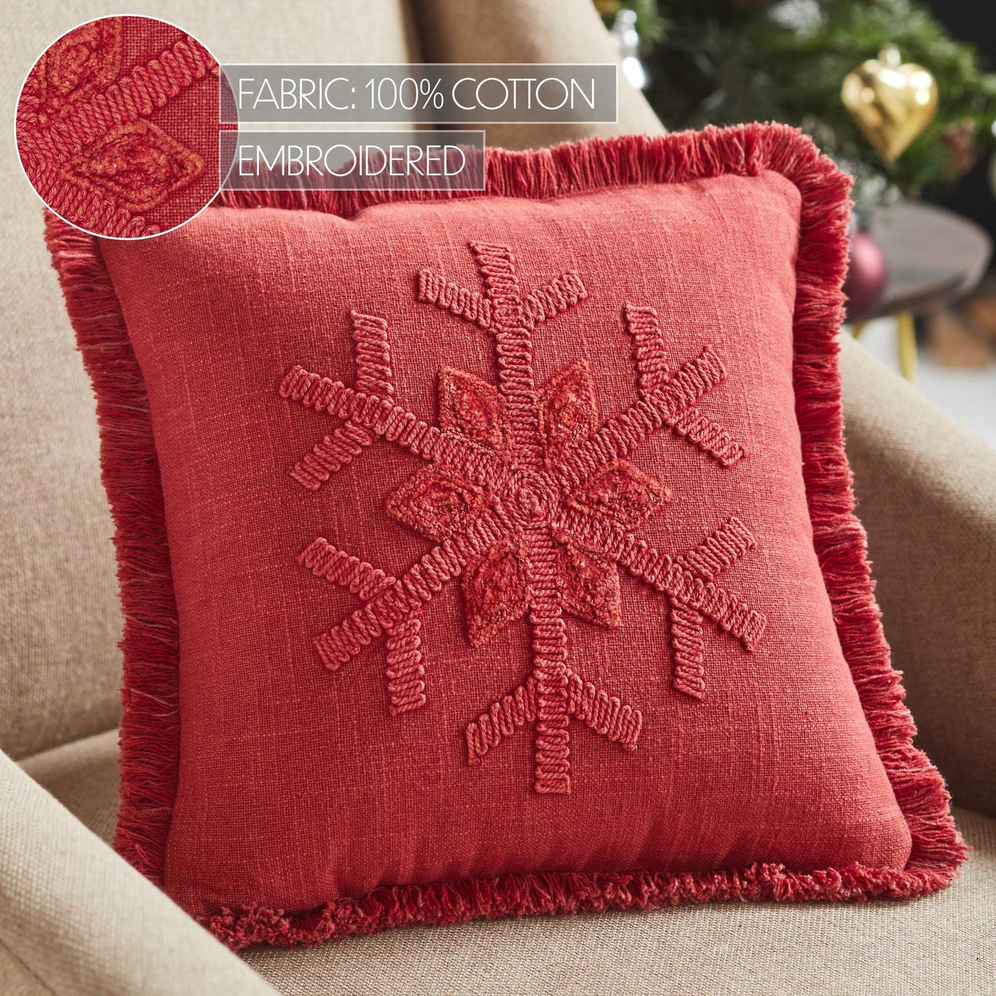 Red Snowflake Stone Washed Fringed Pillow 12x12