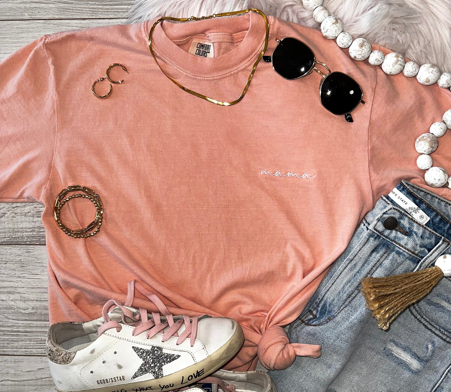 Peach Dainty Mama Embroidered Tee - OEC